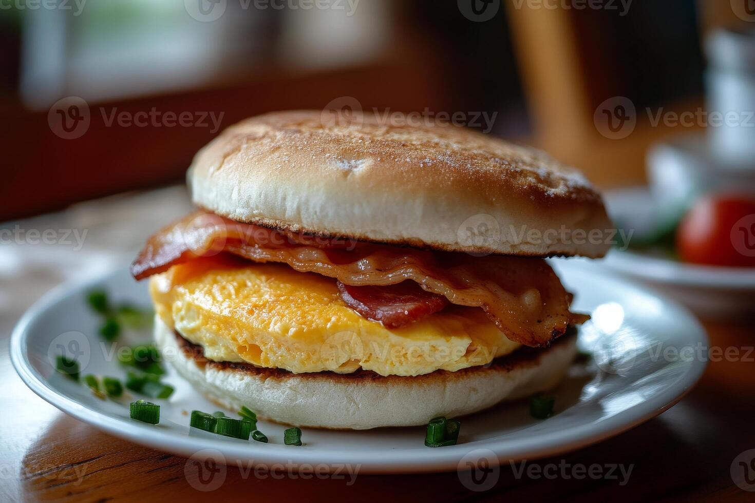 A breakfast sandwich with bacon and eggs on a white plate photo