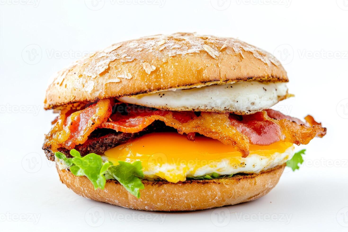 A close up of a breakfast sandwich with bacon, eggs and cheese photo