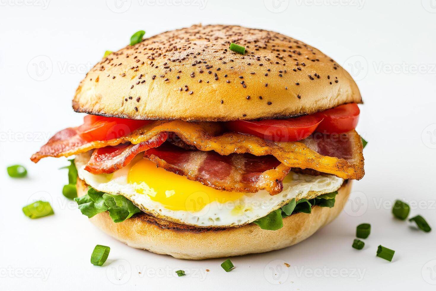 A bacon, egg and cheese sandwich with tomatoes and green onions photo