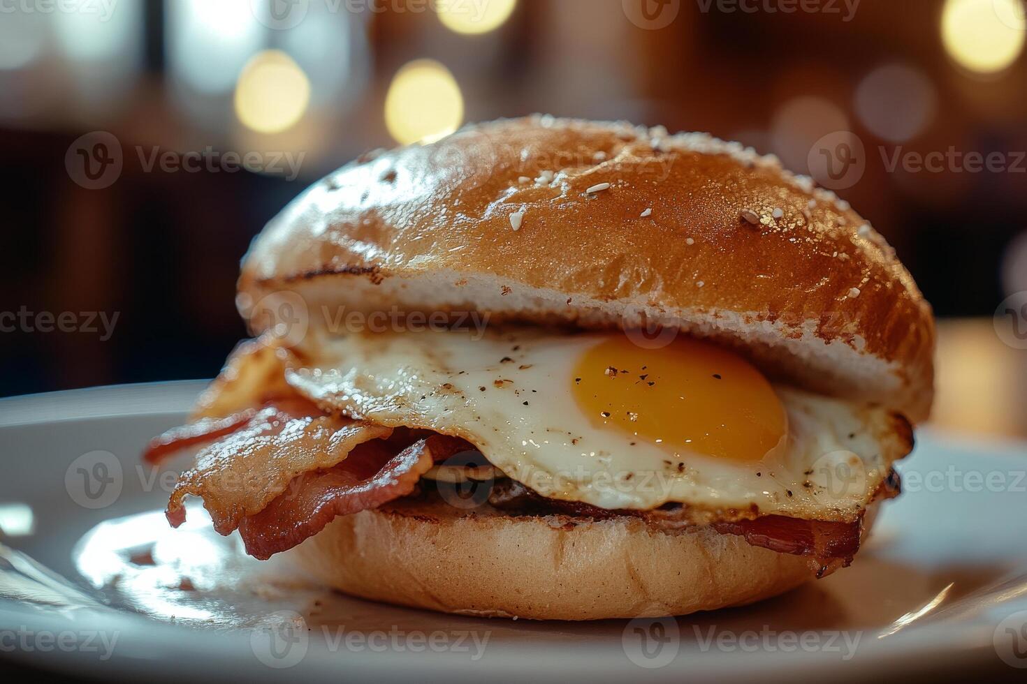 A close up of a breakfast sandwich with bacon and an egg photo