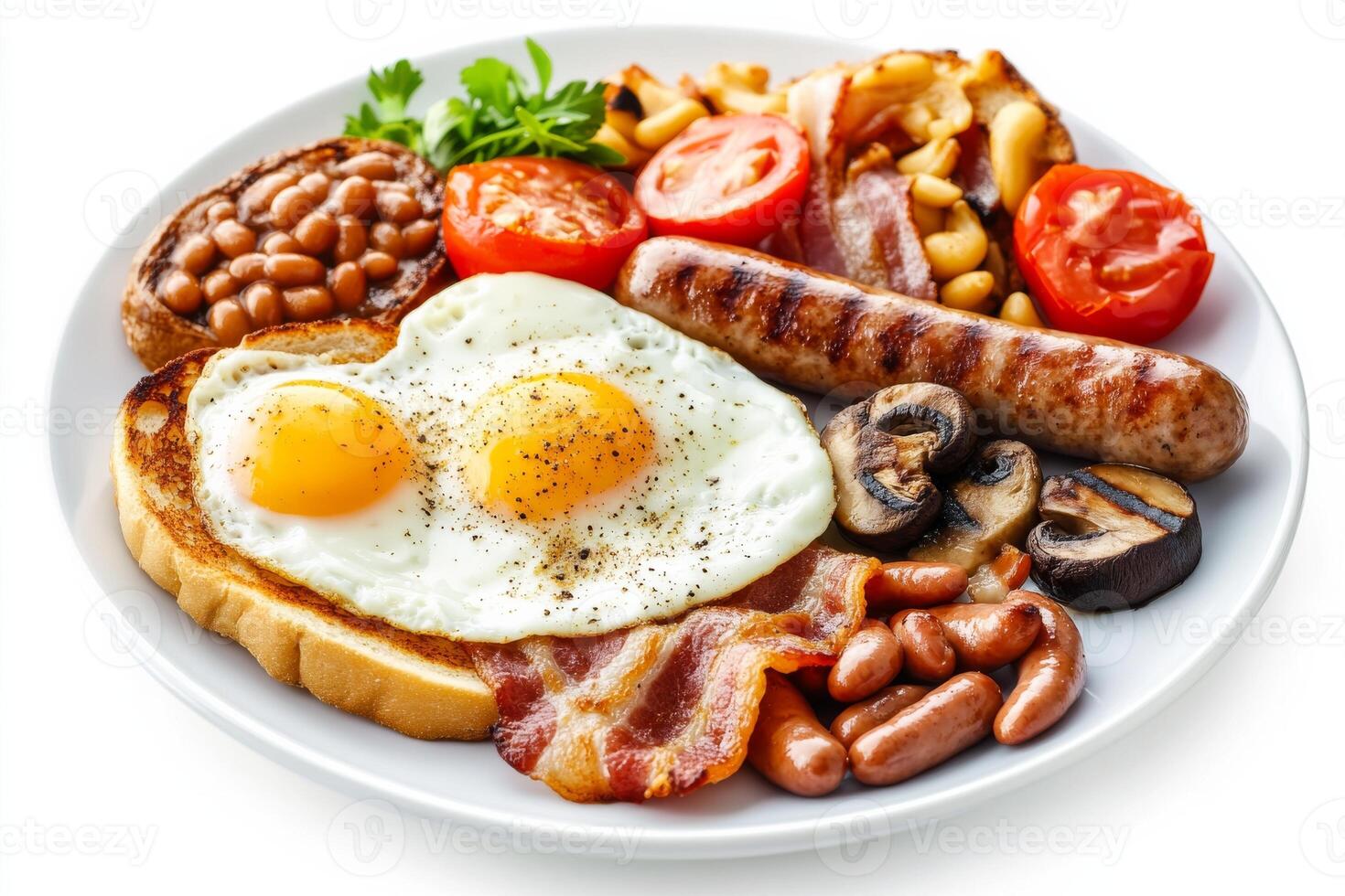 A plate with breakfast food including eggs, bacon, beans and tomatoes photo