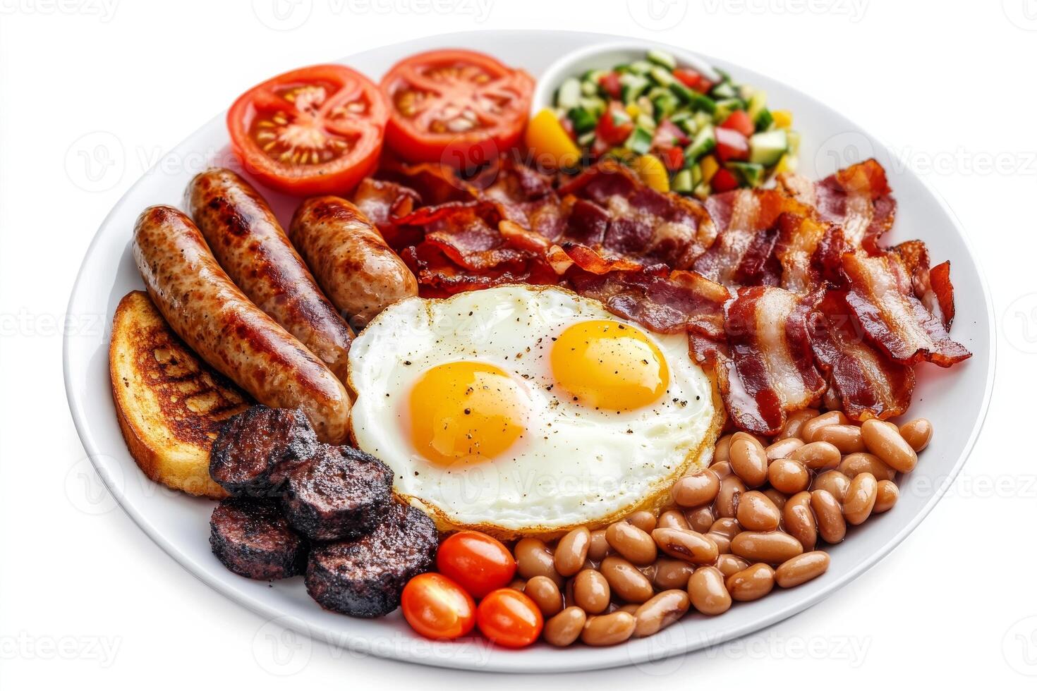 A plate with eggs, beans, bacon and tomatoes photo
