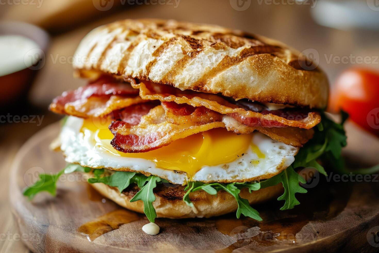A bacon, egg and cheese sandwich on a wooden board photo
