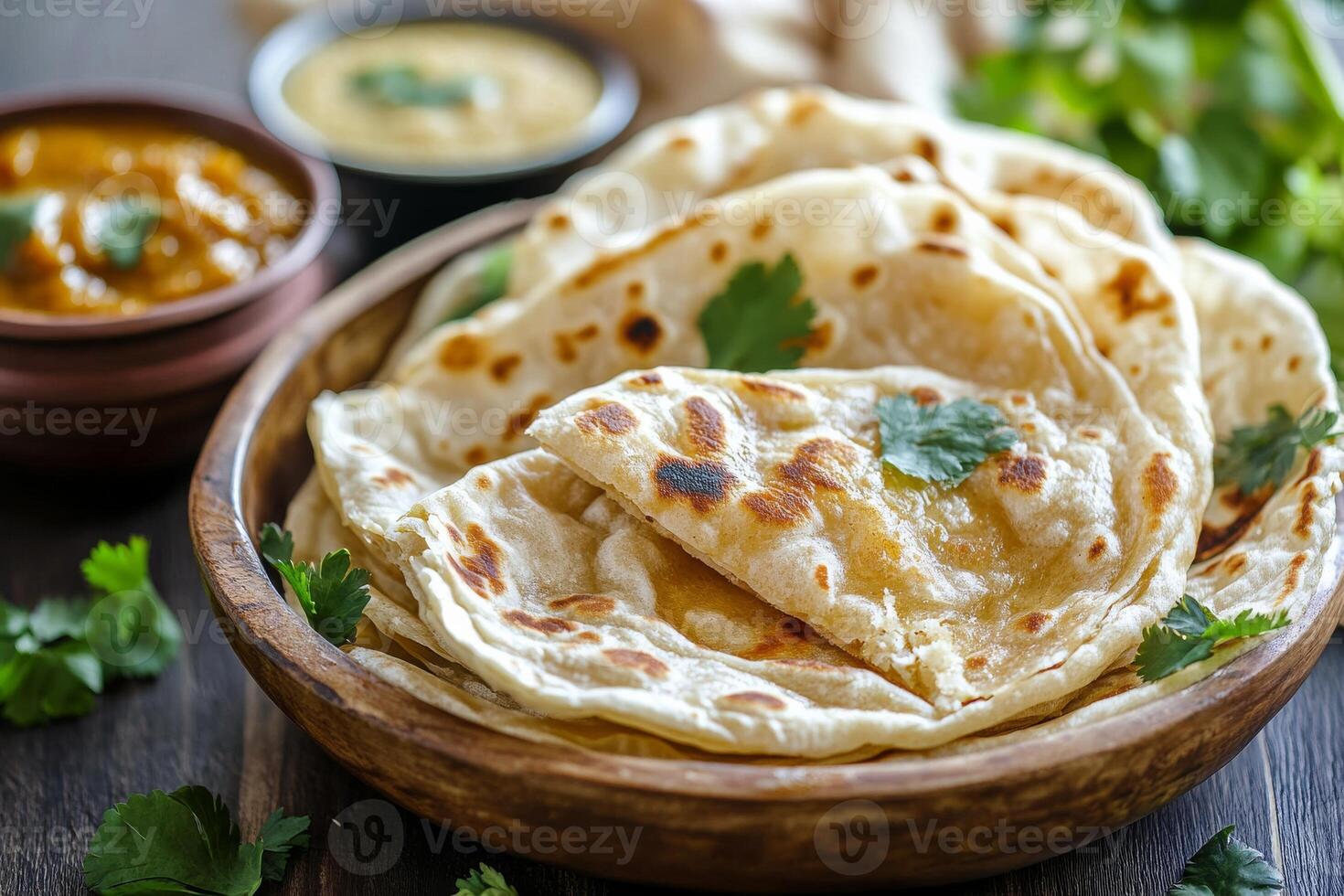Indian flatbreads in a bowl with sauce photo
