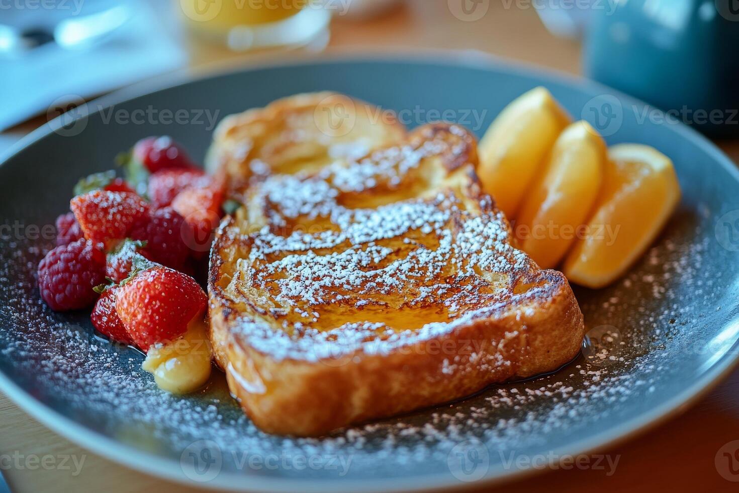 A plate of french toast with fruit on it photo