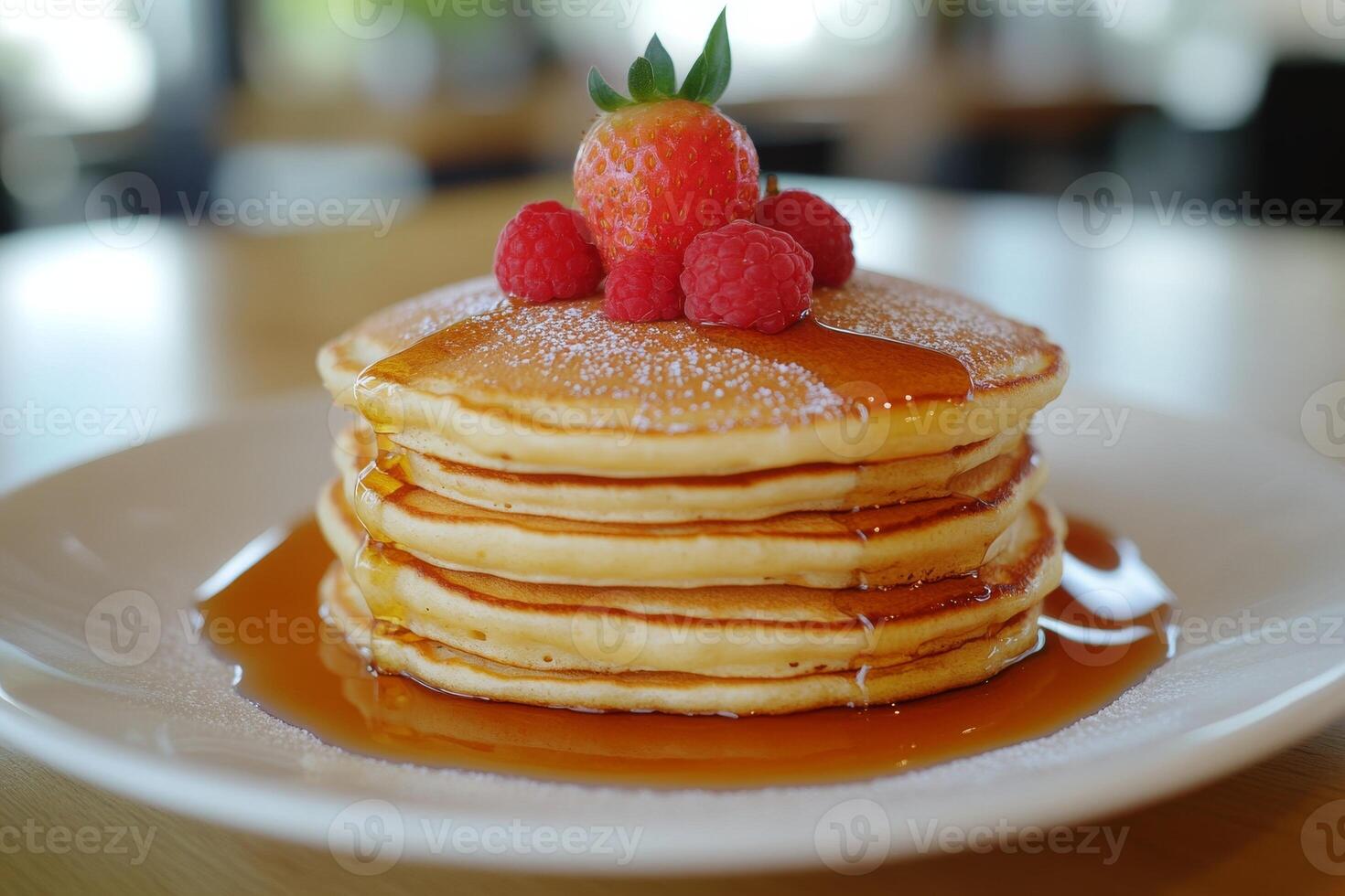 A stack of pancakes topped with syrup and raspberries photo