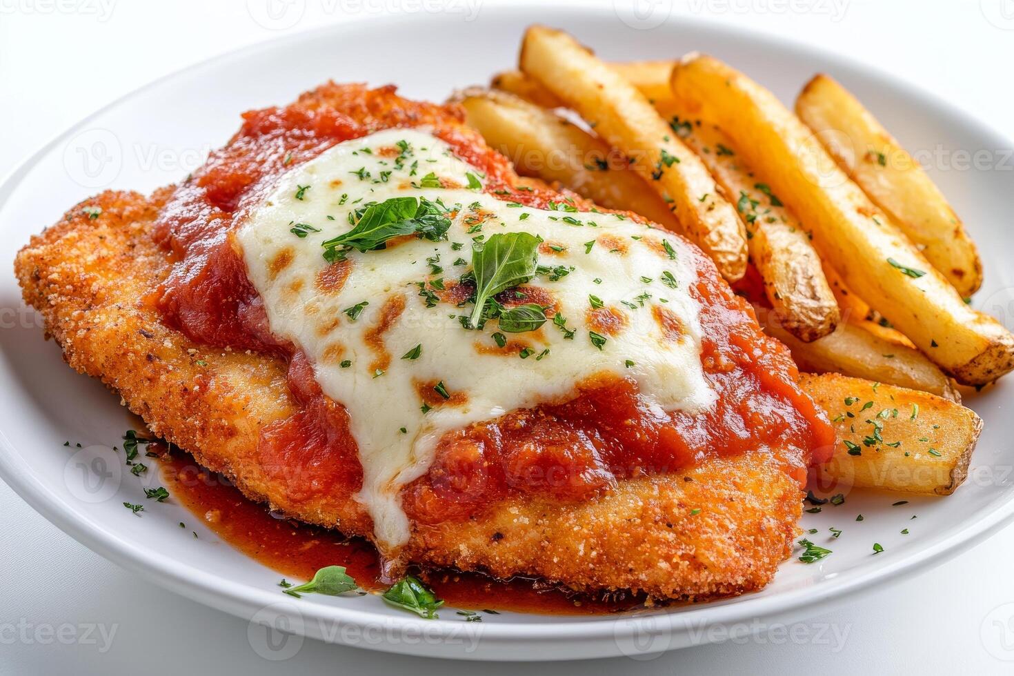 Chicken parmesan with tomato sauce and french fries photo