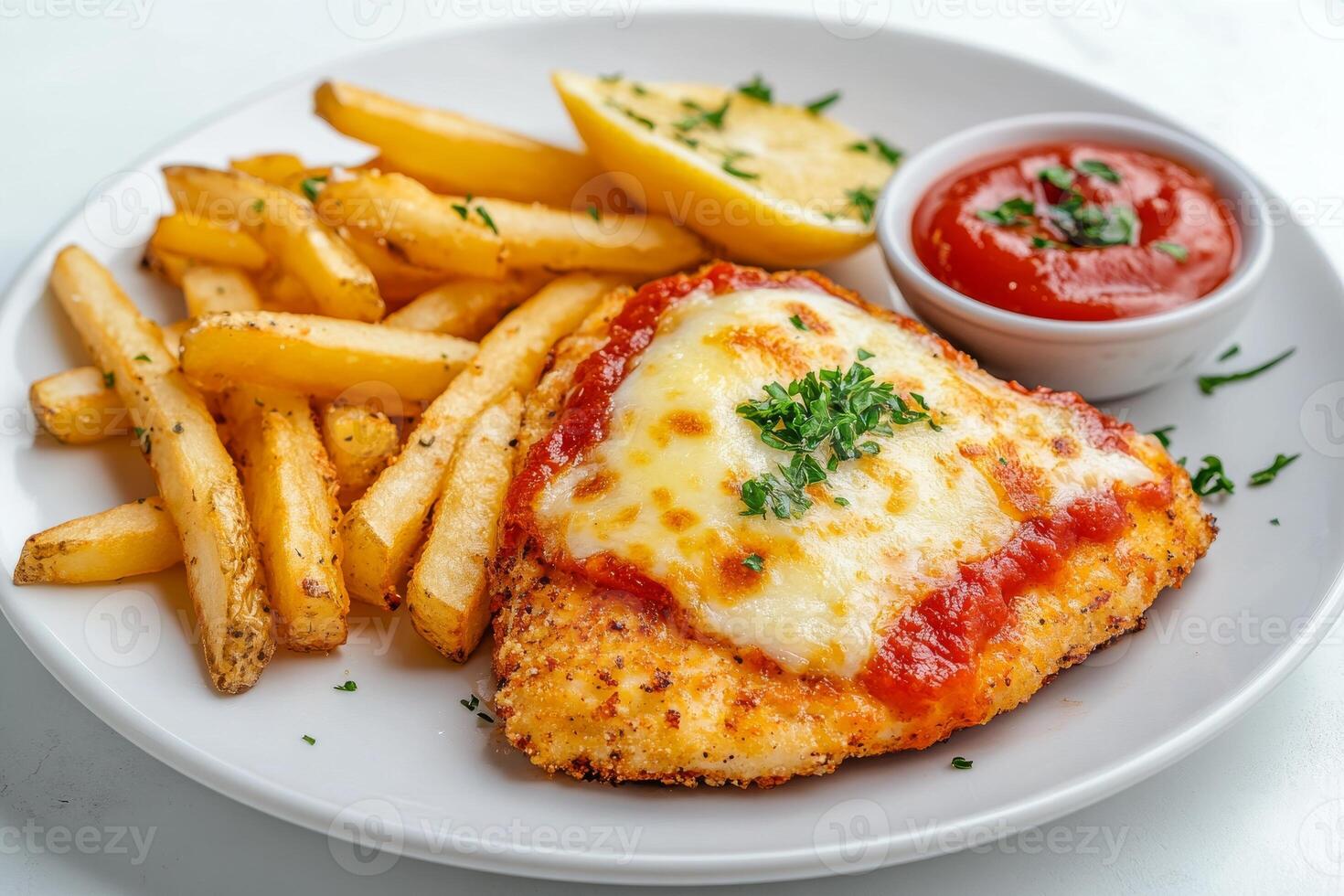 A plate with a chicken parmesan and french fries photo