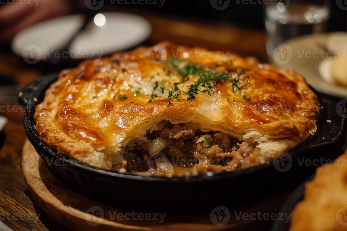 A meat pie sitting on top of a wooden table photo