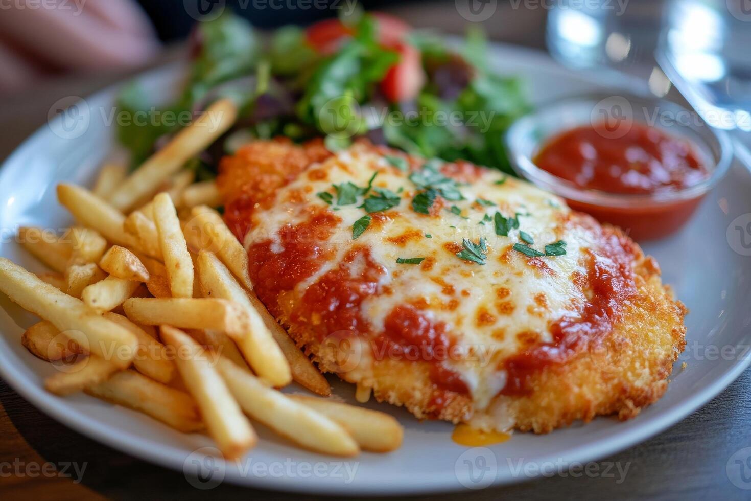 A plate of chicken parmesan with french fries and salad photo