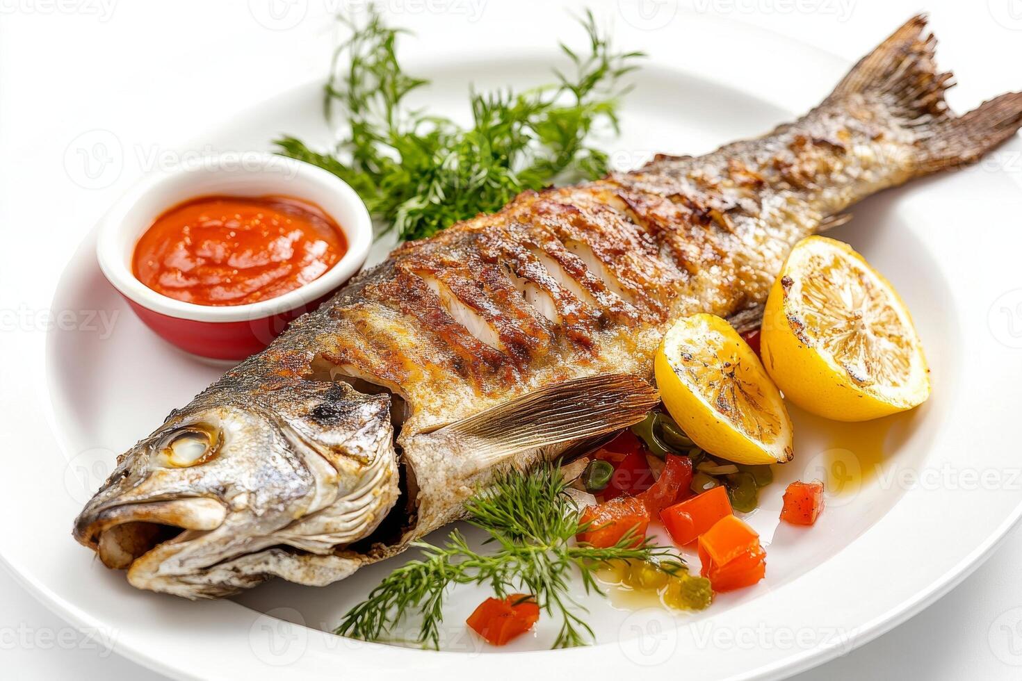 Grilled fish with tomato sauce and lemon on white plate photo