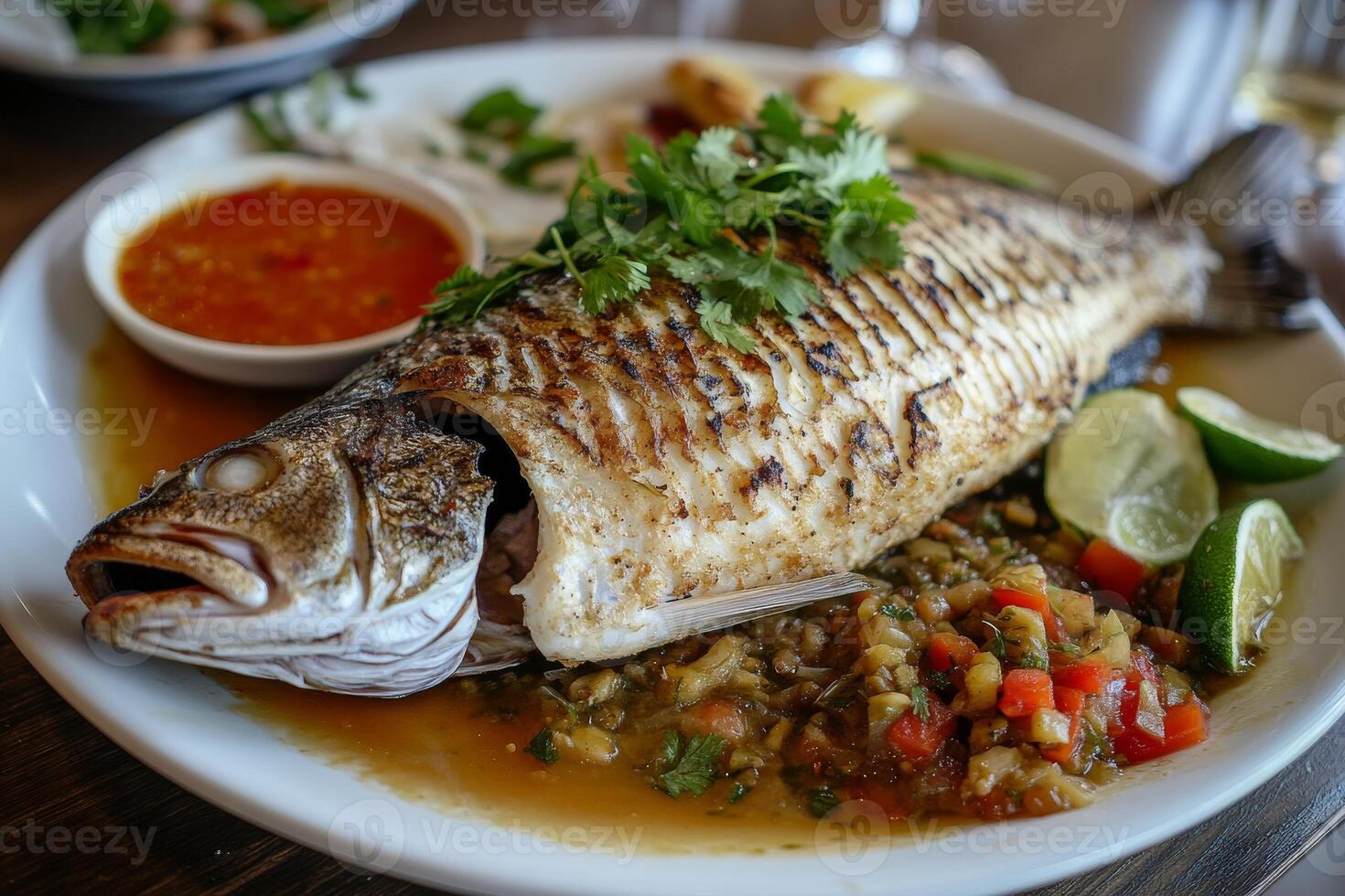 A large fish is on a plate with vegetables photo