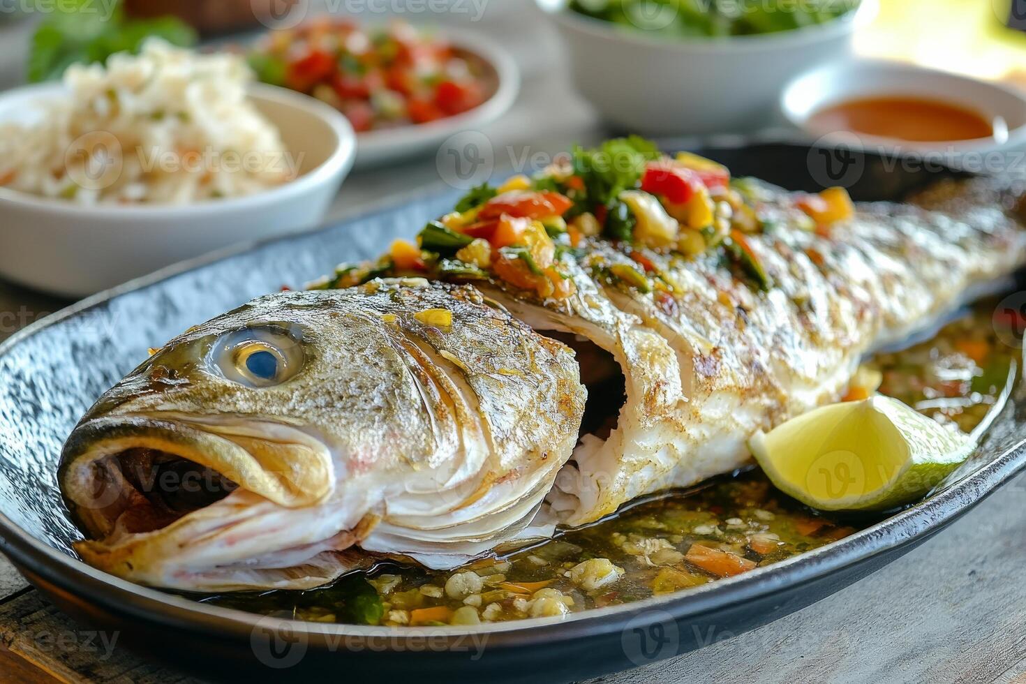A large fish with a side of vegetables and a lime photo