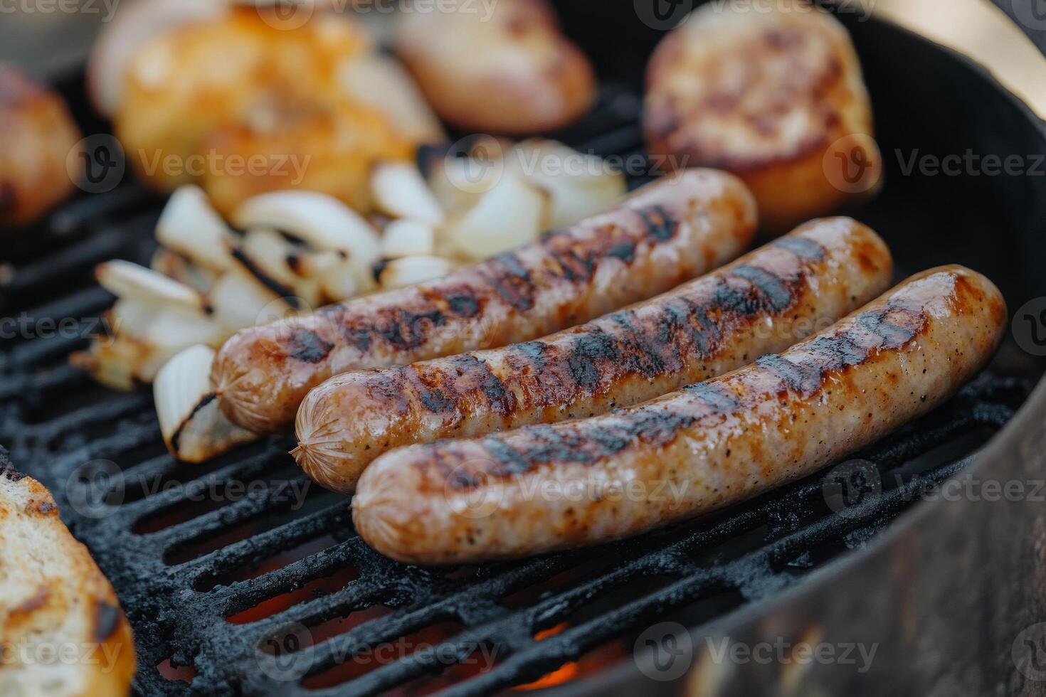 Grilled sausages on a grill photo