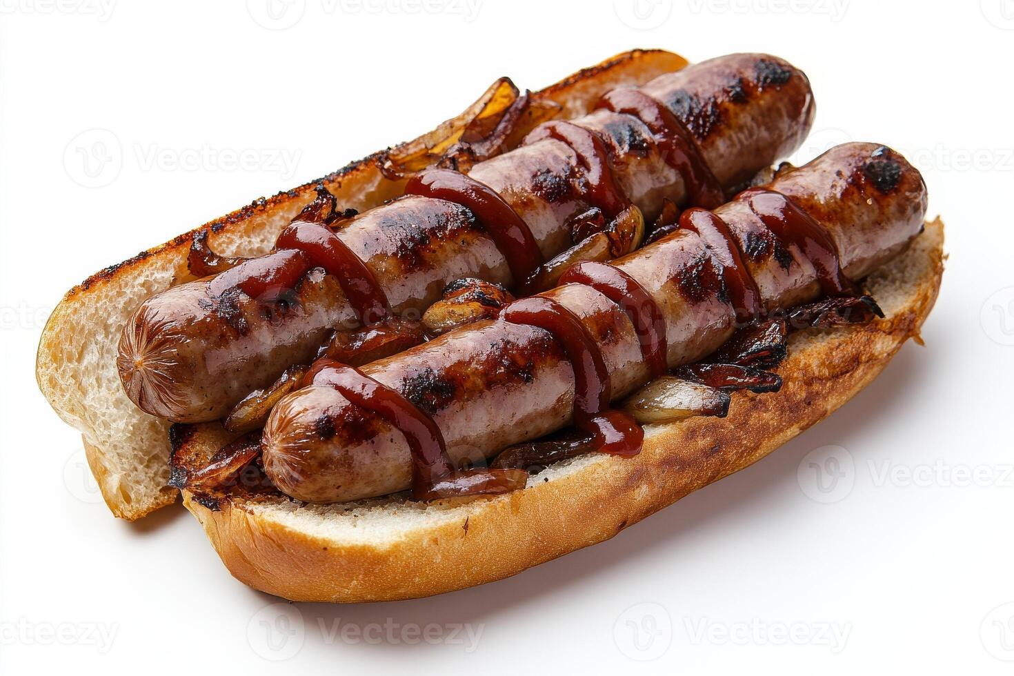 A hot dog with ketchup and onions on a bun photo