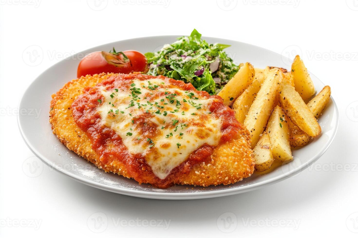 A plate with chicken parmesan and french fries photo