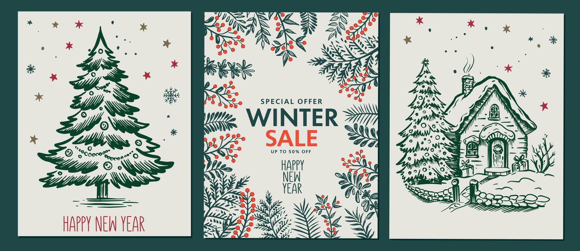 Christmas set with tree and house in sketch style. Hand drawn illustration. vector