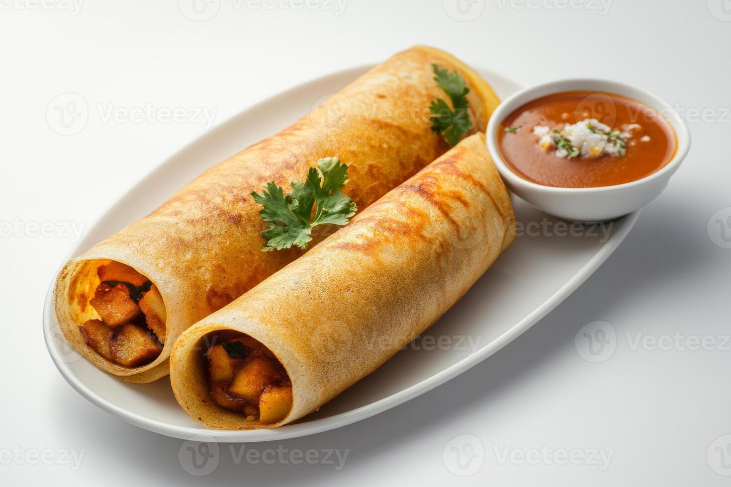 Two crepes with sauce on a white plate photo
