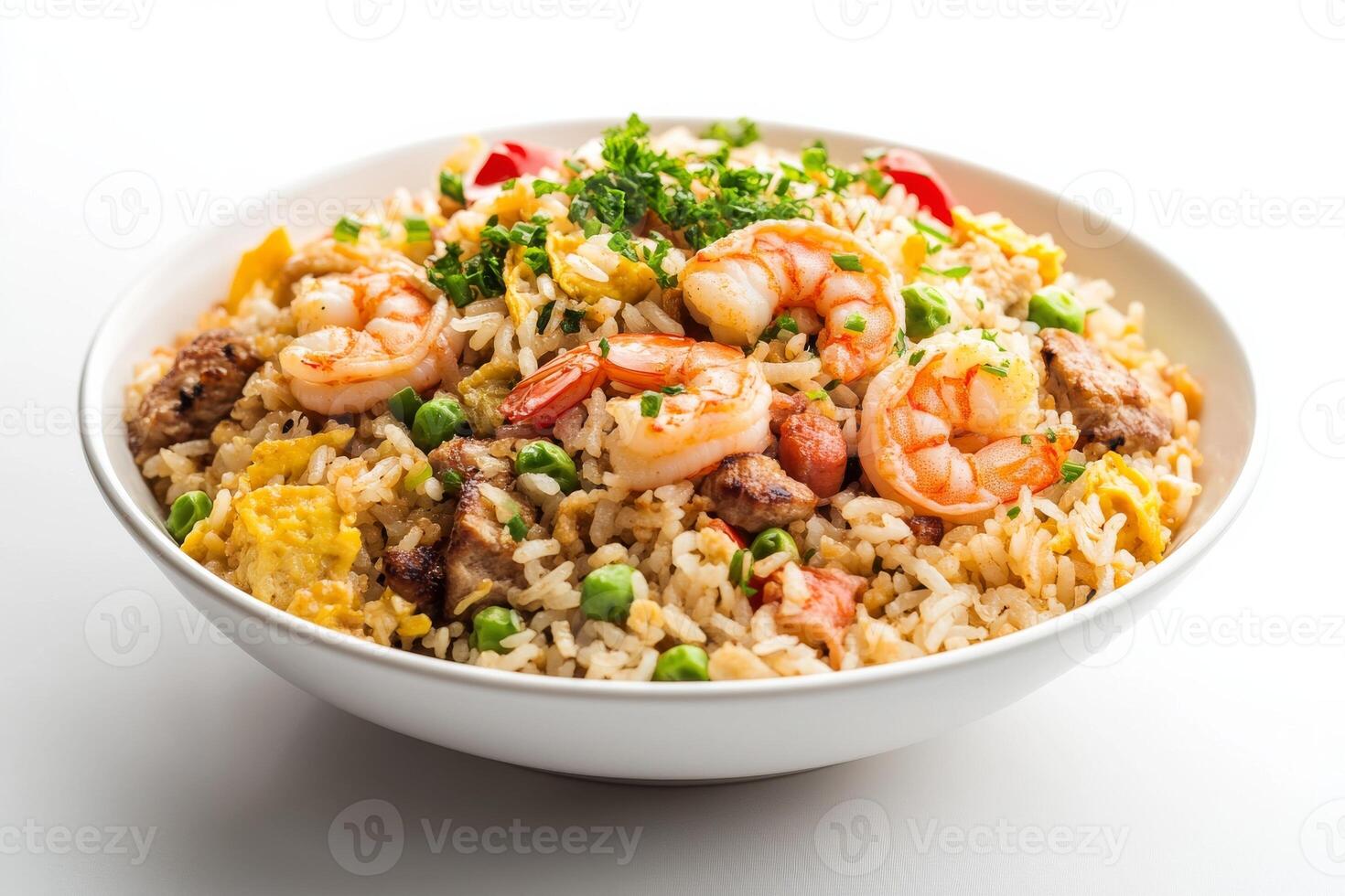 A bowl of fried rice with shrimp and vegetables photo
