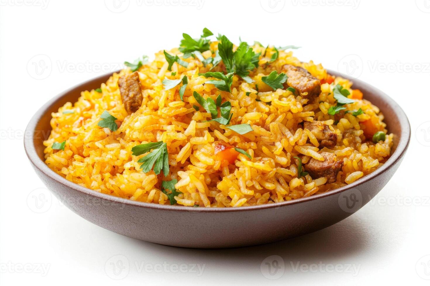 Indian rice with meat and vegetables in a bowl photo