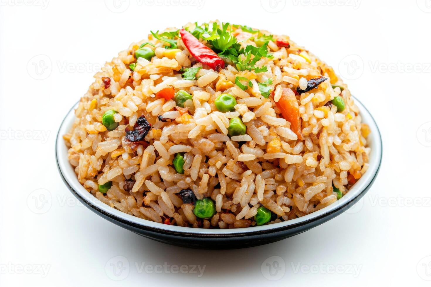 A bowl of fried rice with vegetables and peppers photo