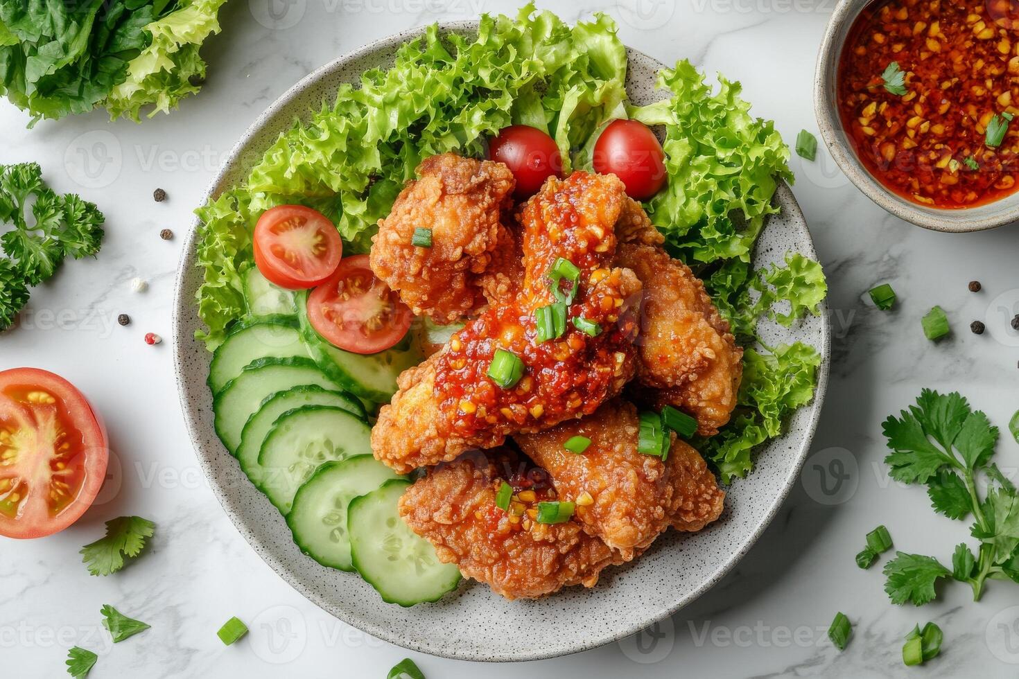 Chicken wings with sauce and cucumber salad on a plate photo