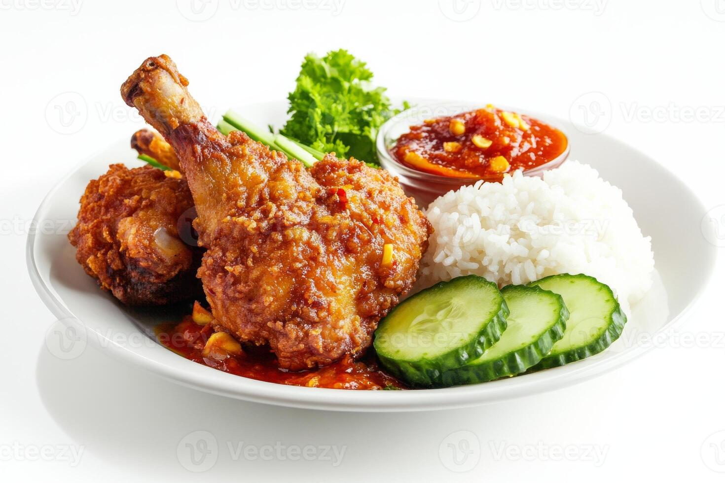 A plate of food with rice, cucumber, and meat photo