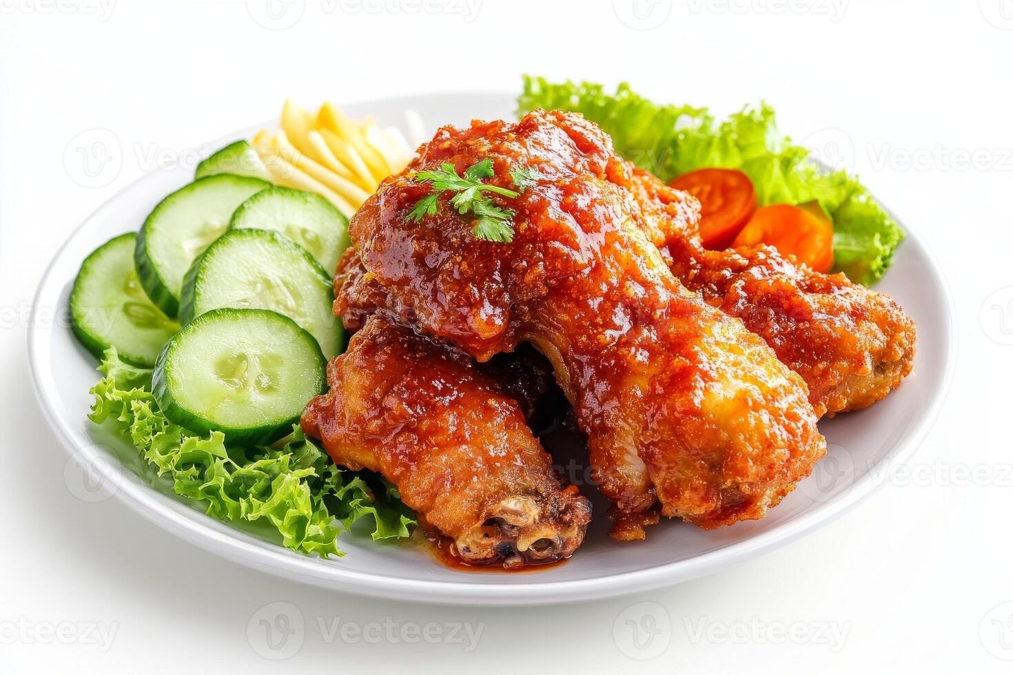 Chicken wings with sauce and cucumber salad on white background photo