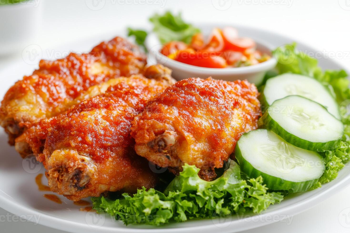 Chicken wings with sauce and cucumber on a white plate photo