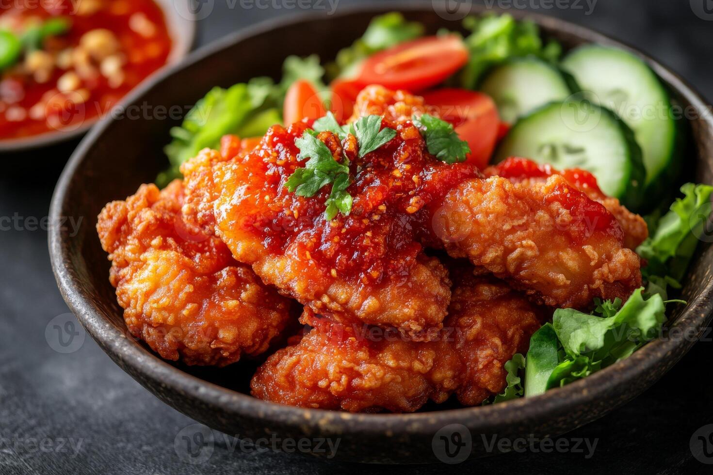 Chicken wings with sauce and vegetables in a bowl photo