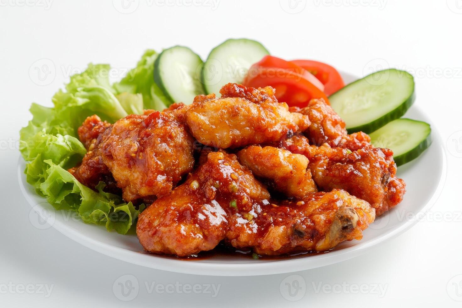 Chicken wings with sauce and cucumber on white plate photo