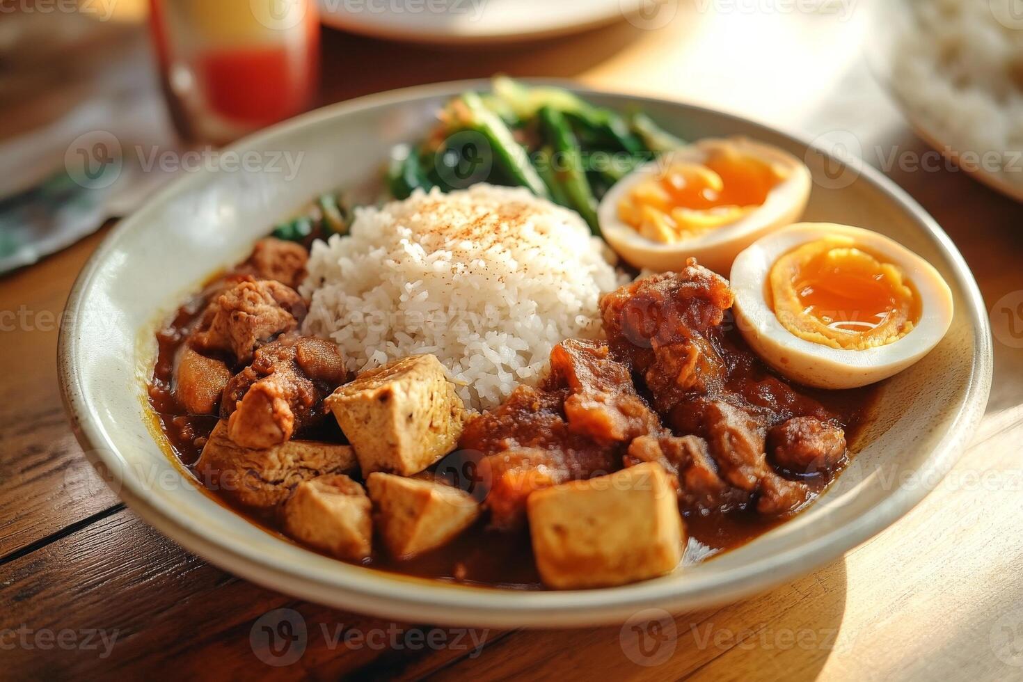 A bowl of curry with rice and an egg on a wooden table photo