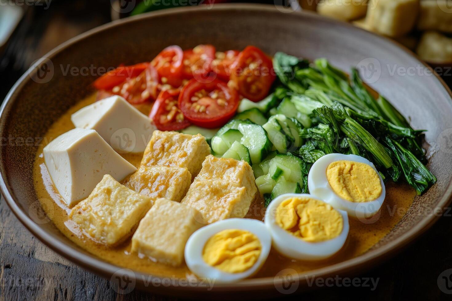 A bowl of food with eggs, tomatoes, and vegetables photo