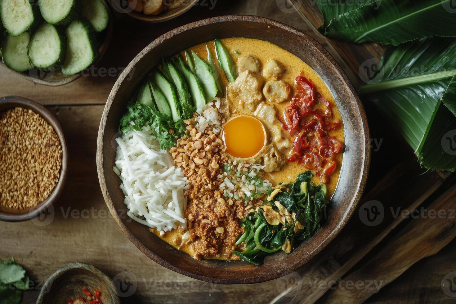 Thai curry with egg and vegetables in bowl on wooden table photo