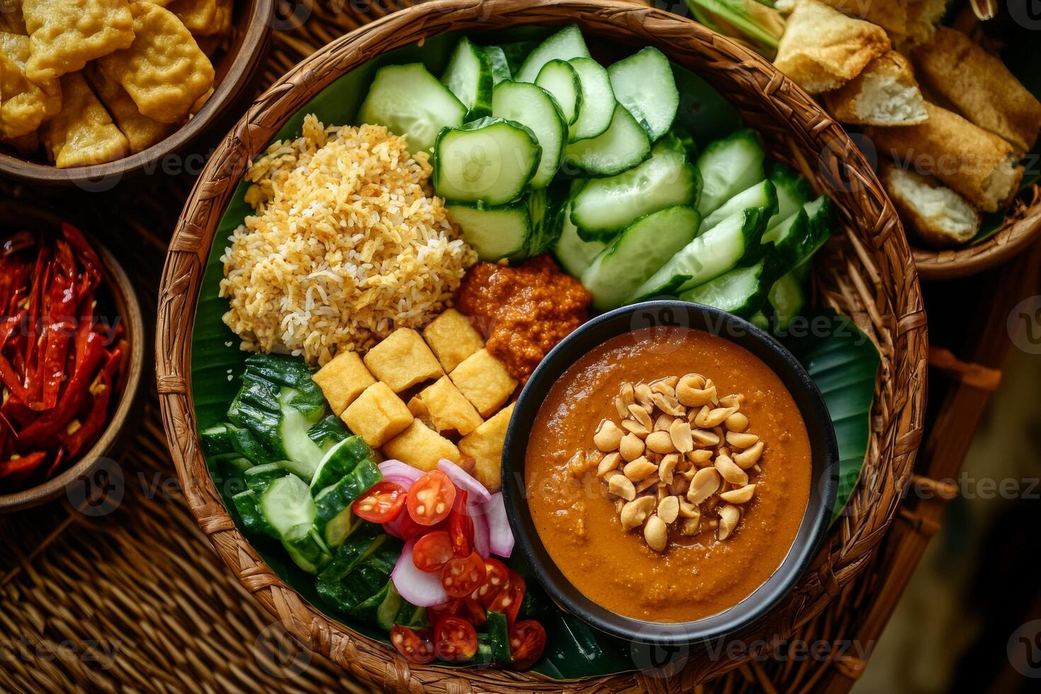 A bowl of food with rice, cucumbers and other ingredients photo