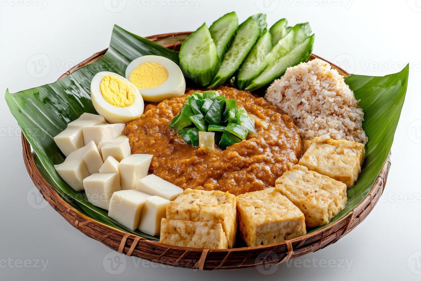 A plate of food with rice, eggs, and vegetables photo