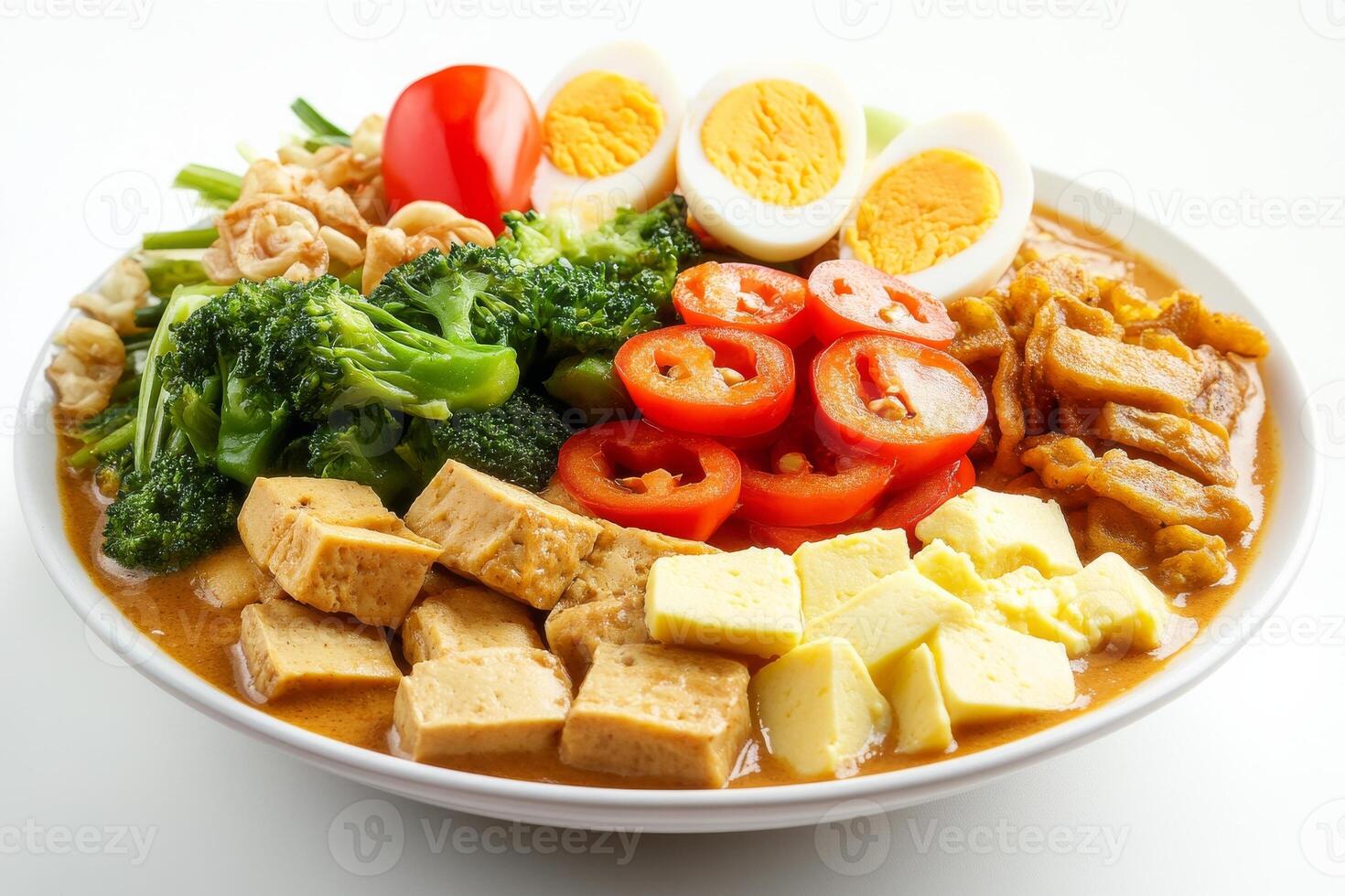 A bowl of food with a variety of vegetables and eggs photo