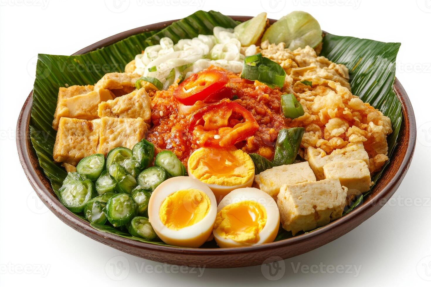 A bowl of food with eggs, rice and vegetables photo