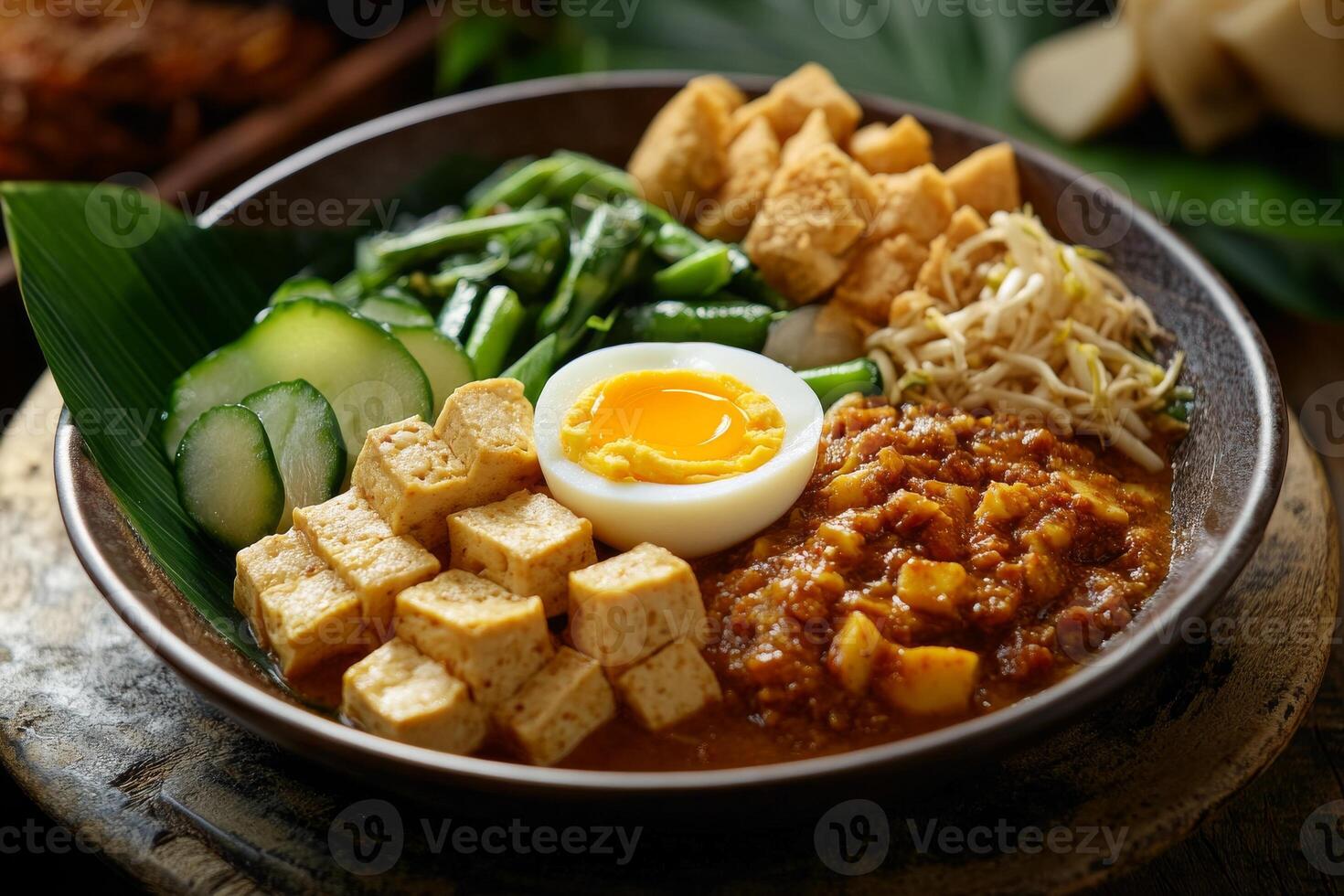 A bowl of food with an egg, tofu and other ingredients photo