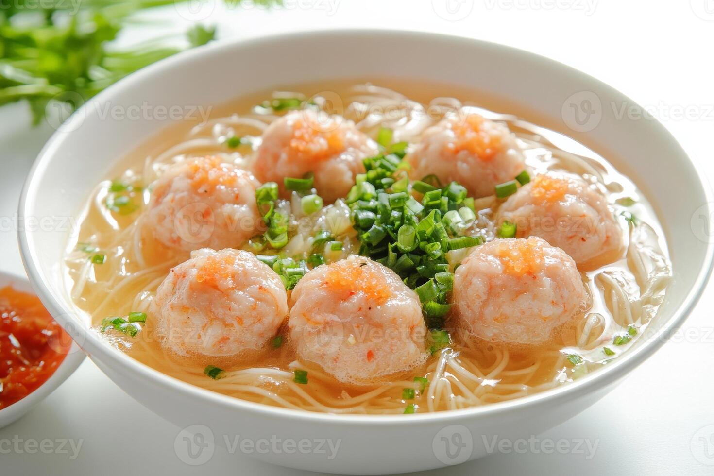 A bowl of soup with shrimp balls and green onions photo