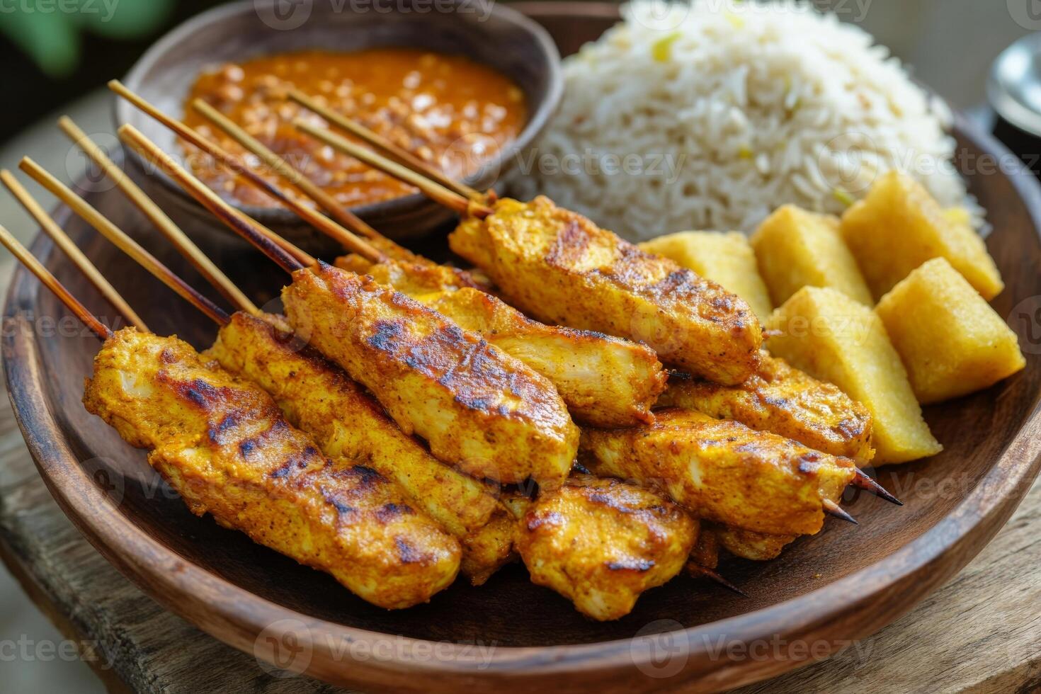 A plate with chicken satay skewers and rice photo