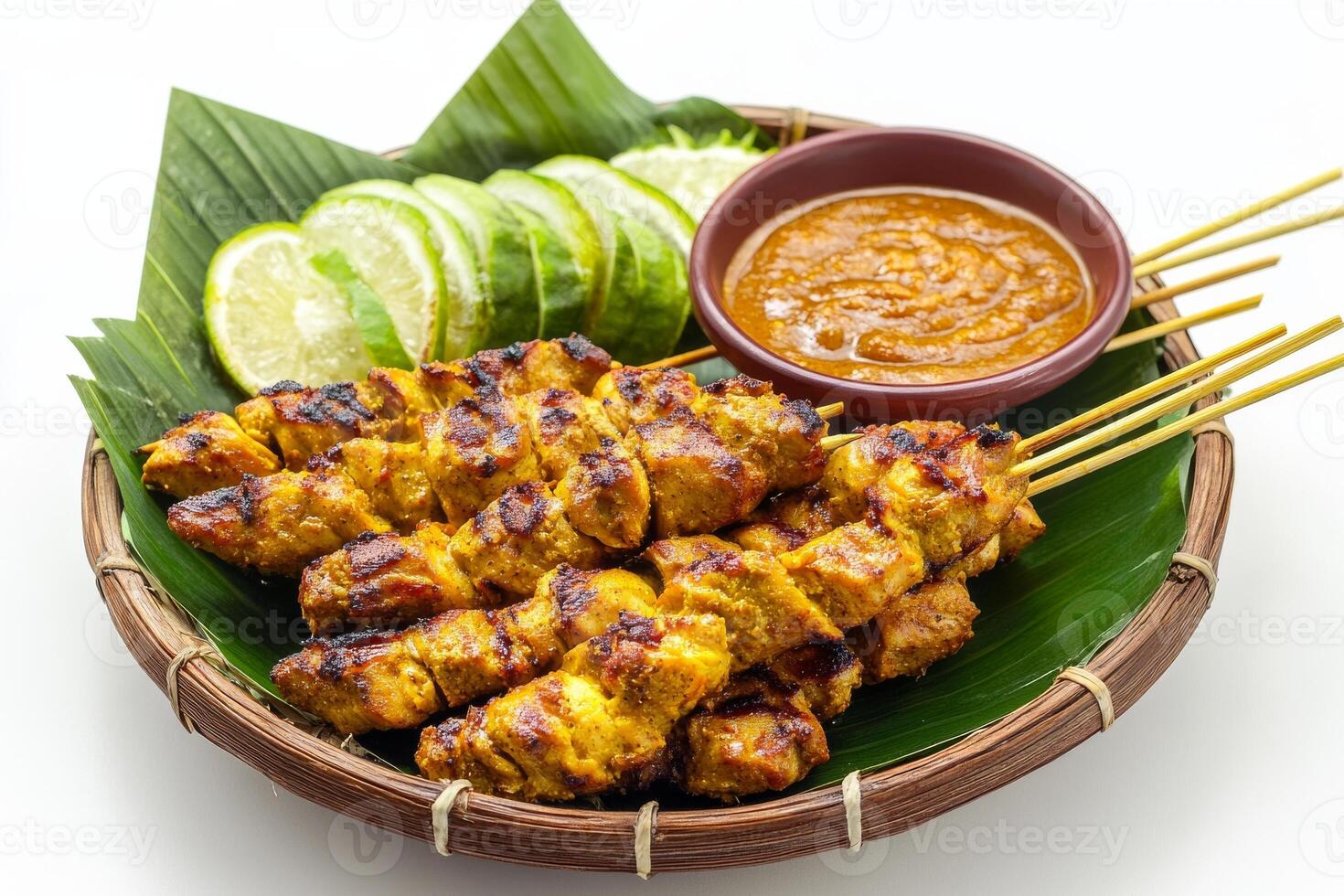 Chicken satay skewers with dipping sauce on a leaf photo