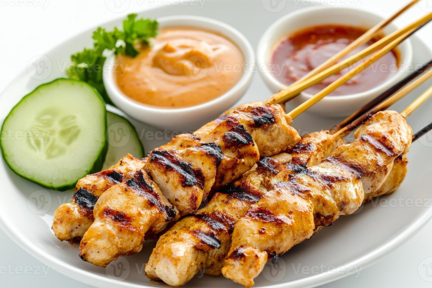 Chicken satay skewers with dipping sauce on a white plate photo