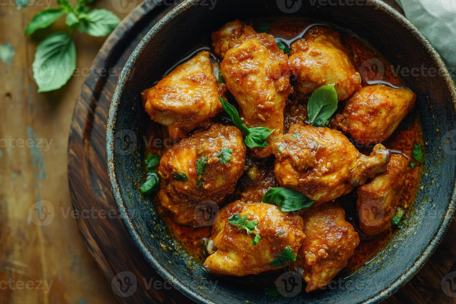 Chicken wings in curry sauce on a wooden table photo