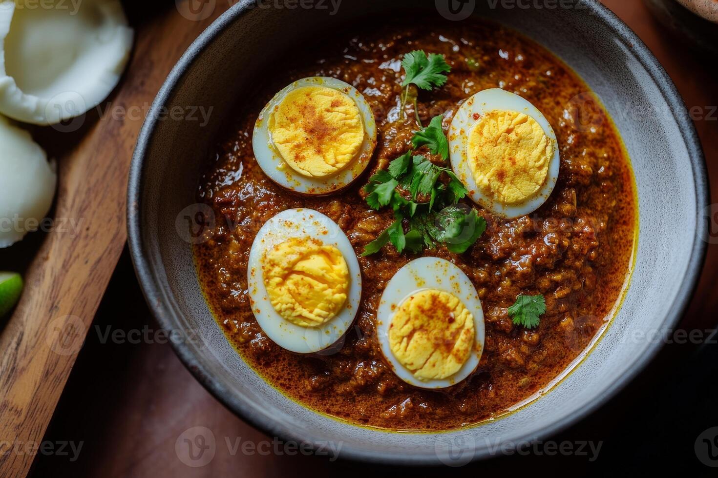 A bowl of curry with eggs and a spoon photo