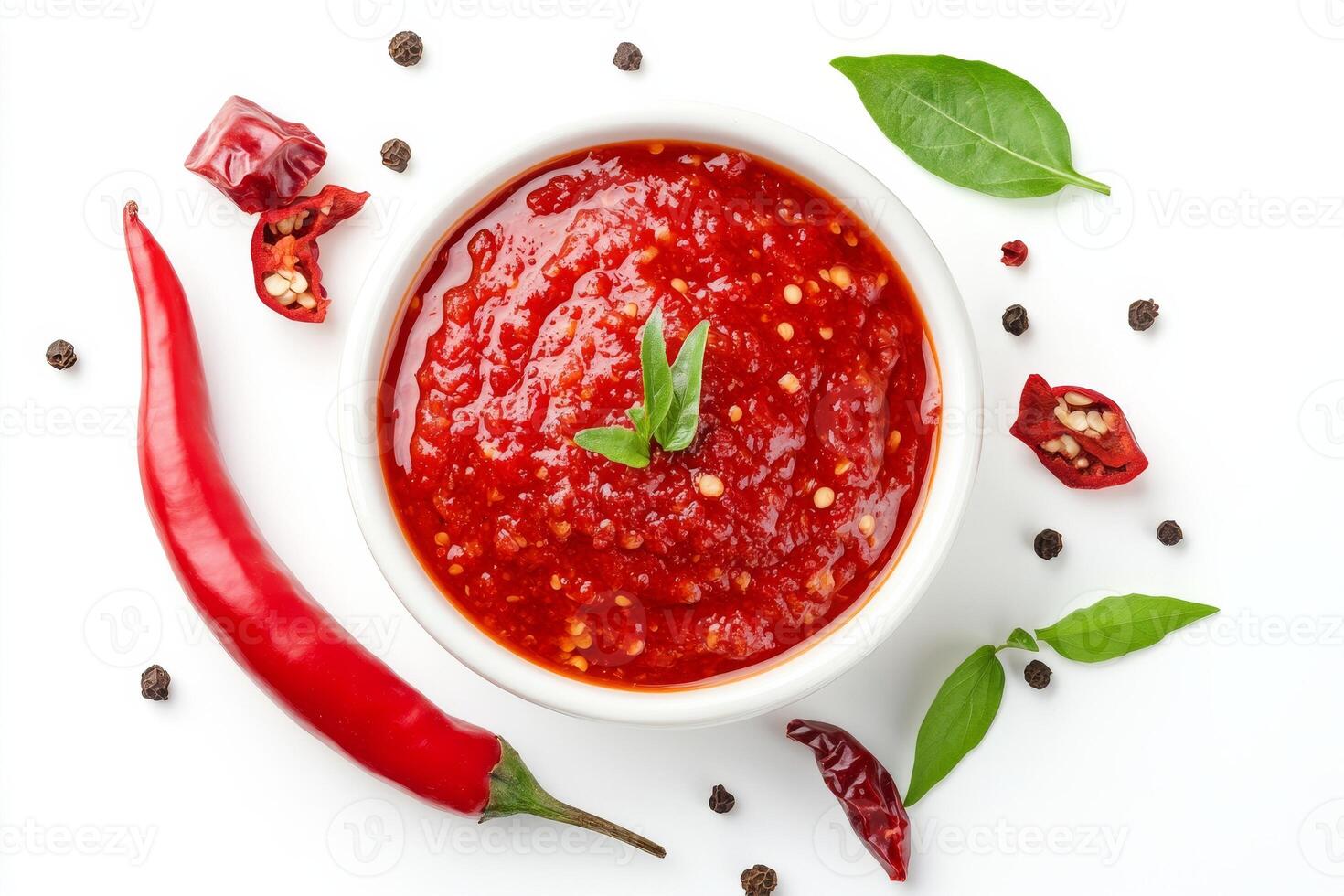Chili sauce in a bowl with pepper and spices on a white background photo