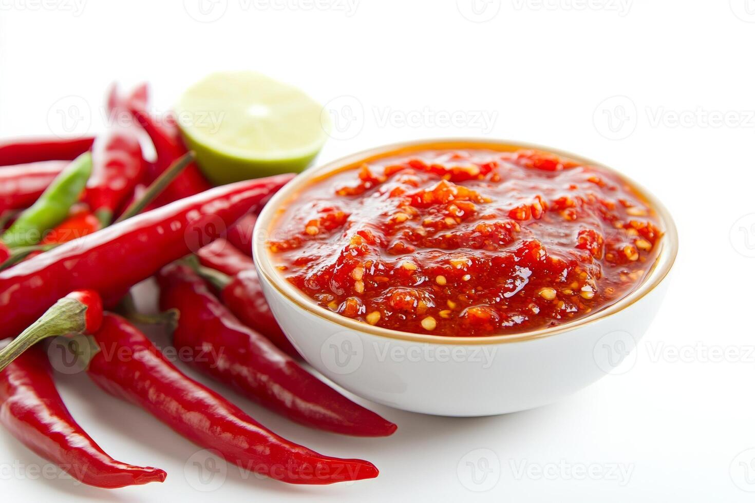 A bowl of chili sauce with a lime and chili pepper photo
