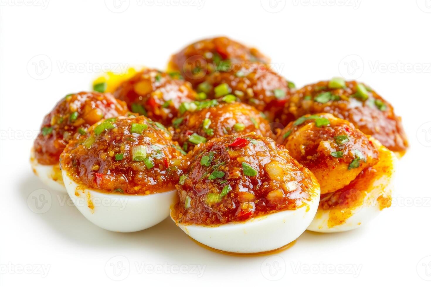 A close up of a dish of deviled eggs photo