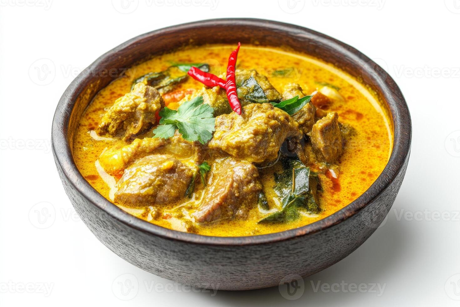 A bowl of curry with meat and vegetables photo