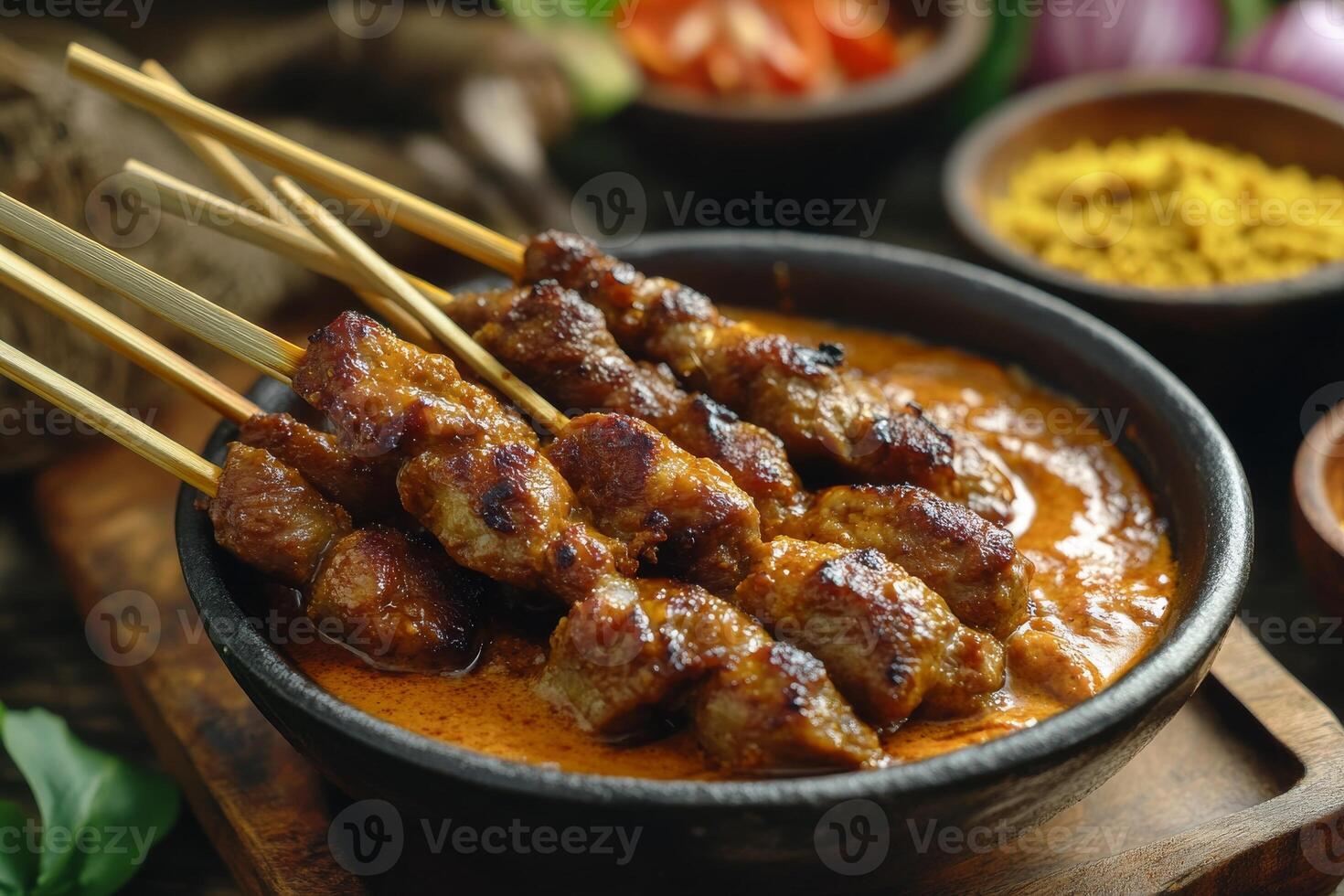 Chicken satay skewers in curry sauce photo